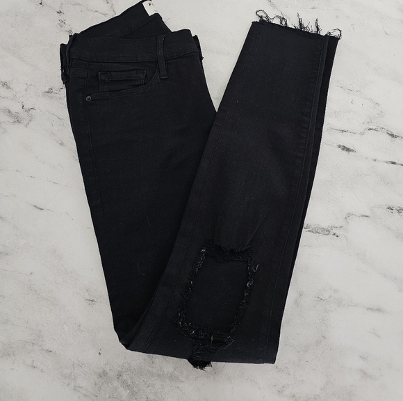 FRAME Denim High Rise De Skinny Jeanne Crop Black Distressed Jeans 28 Preowned - Picture 4 of 9
